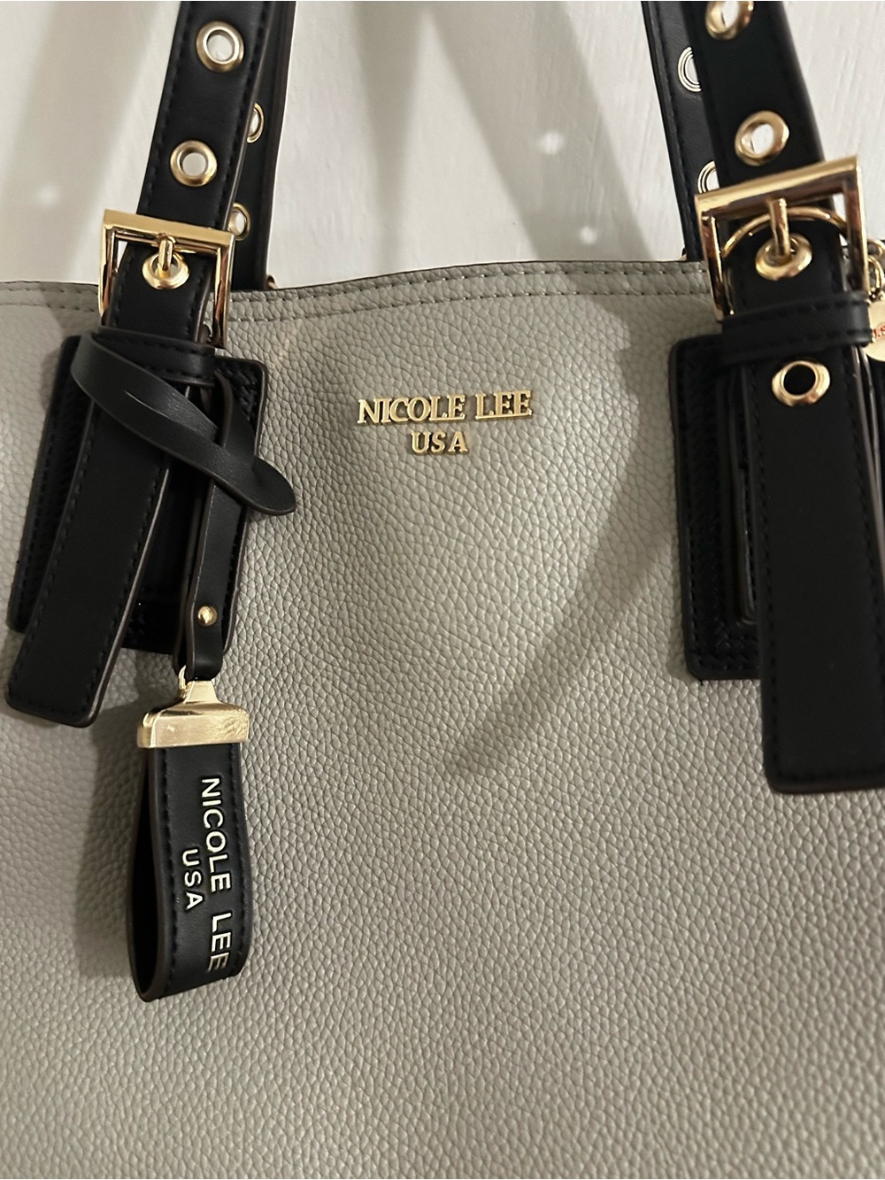 Nicole Lee Light Gray Pebbled Tote with Black Straps